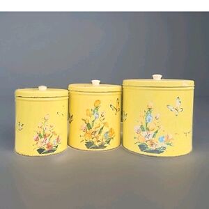Vintage Antique Yellow Kitchen Canister 3 Pc Set Flowers & Butterflies with Lids